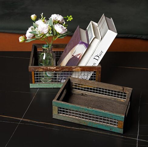 TIMRIS Set of 3 Rustic Wood Nesting Crates, Farmhouse Distressed Wooden Storage Boxes, Decorative Reclaimed Wood Organizer Baskets with Wire Mesh (Random) in Kuwait