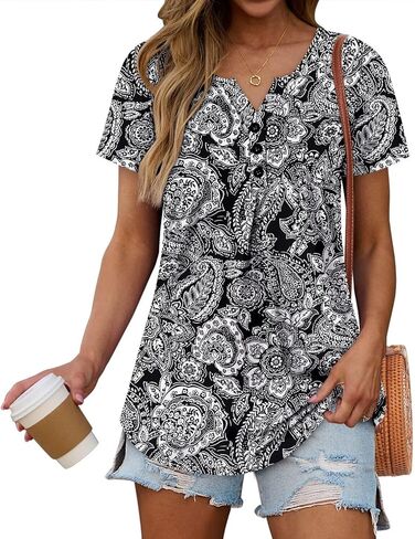 قمم الصيف الصيفية للسيدات من Kissmoda Henley Henley Loose Fit Tunic Ladies Pluse Plus in Kuwait