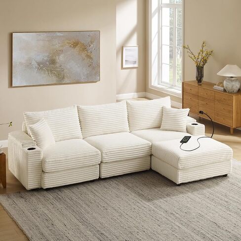 Cloud Sectional Couch, L-Shaped Modern Modular Sofa with Ottoman for Living Room, Plush Corduroy Comfy Upholstered Couches with Charging Station, No Assembly Required in Kuwait