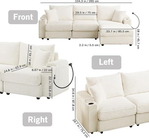 Cloud Sectional Couch, L-Shaped Modern Modular Sofa with Ottoman for Living Room, Plush Corduroy Comfy Upholstered Couches with Charging Station, No Assembly Required in Kuwait