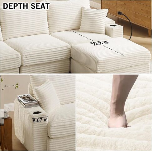Cloud Sectional Couch, L-Shaped Modern Modular Sofa with Ottoman for Living Room, Plush Corduroy Comfy Upholstered Couches with Charging Station, No Assembly Required in Kuwait