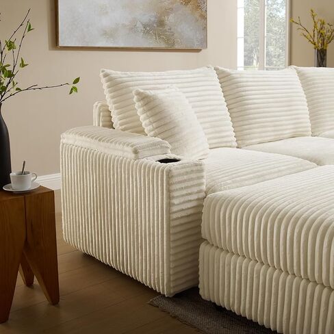Cloud Sectional Couch, L-Shaped Modern Modular Sofa with Ottoman for Living Room, Plush Corduroy Comfy Upholstered Couches with Charging Station, No Assembly Required in Kuwait