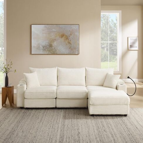 Cloud Sectional Couch, L-Shaped Modern Modular Sofa with Ottoman for Living Room, Plush Corduroy Comfy Upholstered Couches with Charging Station, No Assembly Required in Kuwait
