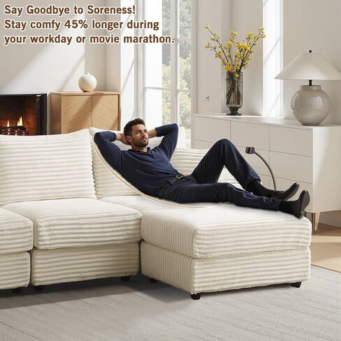 Cloud Sectional Couch, L-Shaped Modern Modular Sofa with Ottoman for Living Room, Plush Corduroy Comfy Upholstered Couches with Charging Station, No Assembly Required in Kuwait