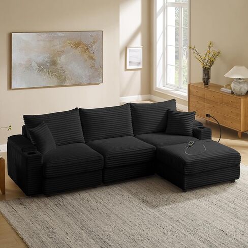 Cloud Sectional Couch, L-Shaped Modern Modular Sofa with Ottoman for Living Room, Plush Corduroy Comfy Upholstered Couches with Charging Station, No Assembly Required in Kuwait