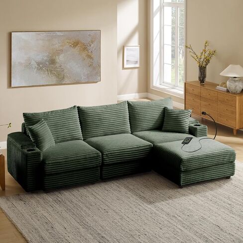 Cloud Sectional Couch, L-Shaped Modern Modular Sofa with Ottoman for Living Room, Plush Corduroy Comfy Upholstered Couches with Charging Station, No Assembly Required in Kuwait
