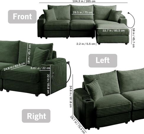 Cloud Sectional Couch, L-Shaped Modern Modular Sofa with Ottoman for Living Room, Plush Corduroy Comfy Upholstered Couches with Charging Station, No Assembly Required in Kuwait
