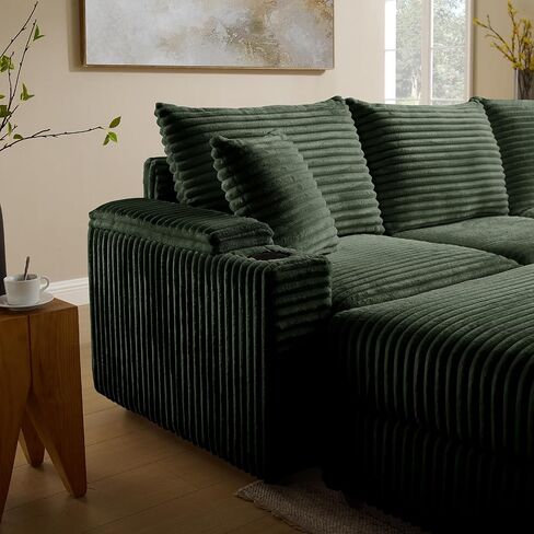 Cloud Sectional Couch, L-Shaped Modern Modular Sofa with Ottoman for Living Room, Plush Corduroy Comfy Upholstered Couches with Charging Station, No Assembly Required in Kuwait