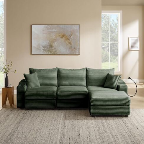 Cloud Sectional Couch, L-Shaped Modern Modular Sofa with Ottoman for Living Room, Plush Corduroy Comfy Upholstered Couches with Charging Station, No Assembly Required in Kuwait