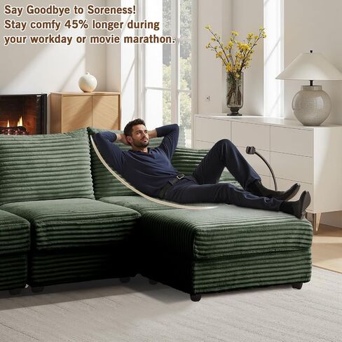 Cloud Sectional Couch, L-Shaped Modern Modular Sofa with Ottoman for Living Room, Plush Corduroy Comfy Upholstered Couches with Charging Station, No Assembly Required in Kuwait