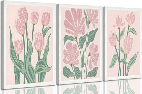 3 Pcs Pink Tulips Flowers Canvas Wall Art Boho Pink and Green Abstract Floral Botanical Paintings Pictures Wall Decor Poster Print Artwork for Living Room Bedroom Home Decoration Unframed in Saudi Arabia