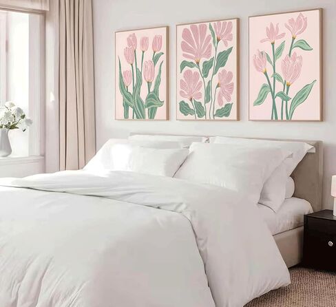 3 Pcs Pink Tulips Flowers Canvas Wall Art Boho Pink and Green Abstract Floral Botanical Paintings Pictures Wall Decor Poster Print Artwork for Living Room Bedroom Home Decoration Unframed in Saudi Arabia