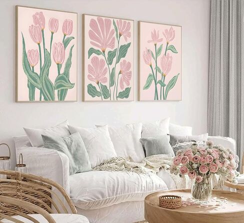 3 Pcs Pink Tulips Flowers Canvas Wall Art Boho Pink and Green Abstract Floral Botanical Paintings Pictures Wall Decor Poster Print Artwork for Living Room Bedroom Home Decoration Unframed in Saudi Arabia