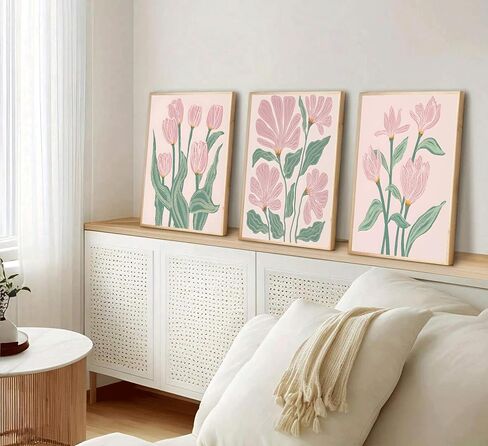 3 Pcs Pink Tulips Flowers Canvas Wall Art Boho Pink and Green Abstract Floral Botanical Paintings Pictures Wall Decor Poster Print Artwork for Living Room Bedroom Home Decoration Unframed in Saudi Arabia