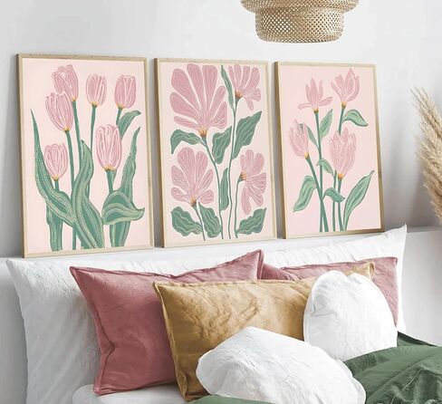 3 Pcs Pink Tulips Flowers Canvas Wall Art Boho Pink and Green Abstract Floral Botanical Paintings Pictures Wall Decor Poster Print Artwork for Living Room Bedroom Home Decoration Unframed in Saudi Arabia
