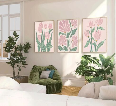 3 Pcs Pink Tulips Flowers Canvas Wall Art Boho Pink and Green Abstract Floral Botanical Paintings Pictures Wall Decor Poster Print Artwork for Living Room Bedroom Home Decoration Unframed in Saudi Arabia