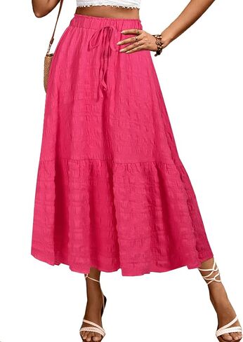 HELYO Women's Casual Skirts Boho Elastic Waisted Flowy Drawstring Ruched Length A Line Tiered Midi Dress Skirt 8628 in Kuwait