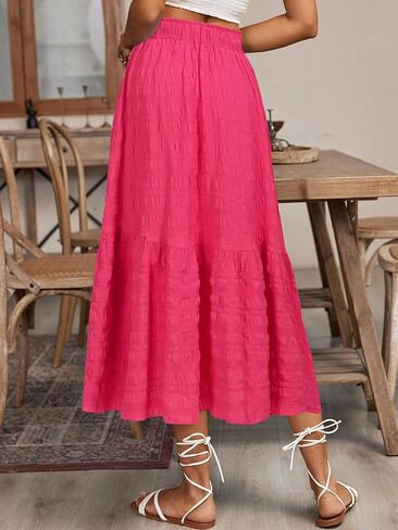 HELYO Women's Casual Skirts Boho Elastic Waisted Flowy Drawstring Ruched Length A Line Tiered Midi Dress Skirt 8628 in Kuwait