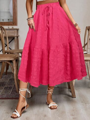 HELYO Women's Casual Skirts Boho Elastic Waisted Flowy Drawstring Ruched Length A Line Tiered Midi Dress Skirt 8628 in Kuwait