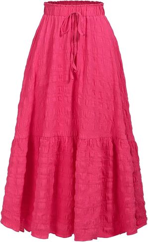 HELYO Women's Casual Skirts Boho Elastic Waisted Flowy Drawstring Ruched Length A Line Tiered Midi Dress Skirt 8628 in Kuwait