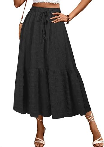 HELYO Women's Casual Skirts Boho Elastic Waisted Flowy Drawstring Ruched Length A Line Tiered Midi Dress Skirt 8628 in Kuwait