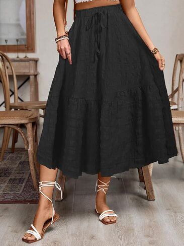 HELYO Women's Casual Skirts Boho Elastic Waisted Flowy Drawstring Ruched Length A Line Tiered Midi Dress Skirt 8628 in Kuwait