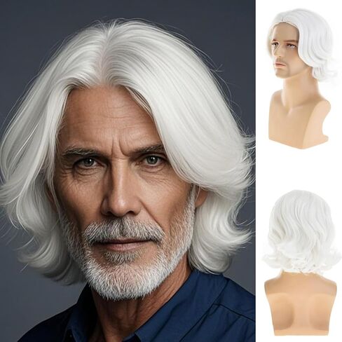 Mens Grey Wig Short Wavy Bob Wig Synthetic Cosplay Party Replacement Hair Wig in Kuwait