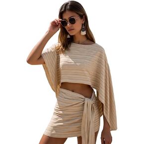 Womens Summer Dresses Beach Cover Ups Off Shoulder Split Long Sleeve Crop Top Tie Waist Skirt Sets Two Piece Vacation Dress in Kuwait