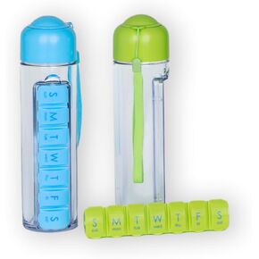 Water Bottle and Pill Organizer - 400ml Travel Water Bottle with 7 Day Weekly Pill Case - Medicine Planner Vitamin Holder with Free Cleaning Brush. Perfect for Sports and Travel (Blue) in Kuwait