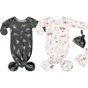 Newborn Baby Long Sleeve Sleeper Gown with Mittens Knotted Gown Coming Home Outfit Nightgown Hat Set 2 Pieces in Kuwait