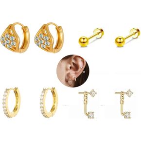 4Pairs 14K Gold Diamond Hoop Earrings for Multiple Piercing Hypoallergenic Earrings Set Ear Jacket Flat Back Stud Earring Stacks in Kuwait