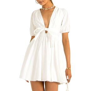 Women's Cute Summer Short Puff Sleeve Tie Cotton Mini Dress in Saudi Arabia