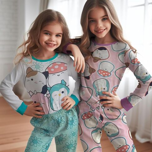 Squishmallows 4 Piece Pajama Set - Girls PJ Set with Long Sleeve Shirt & Pants - Pink Sleepwear Set - Official License in Saudi Arabia
