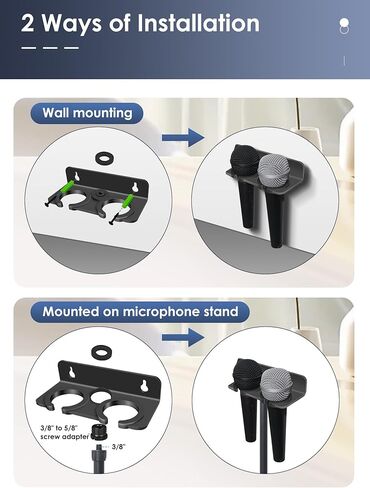 Multi Microphone Holder (Aluminum) for Handheld Dynamic, Wired and Wireless Mics, Multiple Mic Organizer for Mic Stand, Rubber padding/Wall Mounted or Mounted to 5/8"-27 or 3/8"-16 threaded Stands in Kuwait