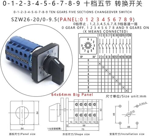 1pcs SZW26/LW26-20 5 Poles 20 Terminals 20A 660V 64X64/48X48 mm Control Circuit Knob Selection Cam Rotary Changeover Switch(0-9.5 64X64mm) in Kuwait