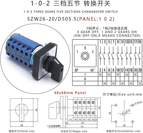 1pcs SZW26/LW26-20 5 Poles 20 Terminals 20A 660V 64X64/48X48 mm Control Circuit Knob Selection Cam Rotary Changeover Switch(0-9.5 64X64mm) in Kuwait