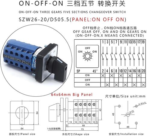1pcs SZW26/LW26-20 5 Poles 20 Terminals 20A 660V 64X64/48X48 mm Control Circuit Knob Selection Cam Rotary Changeover Switch(0-9.5 64X64mm) in Kuwait