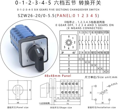 1pcs SZW26/LW26-20 5 Poles 20 Terminals 20A 660V 64X64/48X48 mm Control Circuit Knob Selection Cam Rotary Changeover Switch(0-9.5 64X64mm) in Kuwait