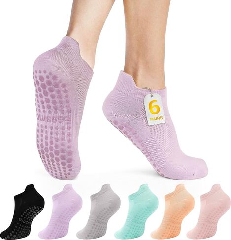 5 Pairs Grip Pilates Socks with Grip for Women, Non-slip Grippy Crew Socks for Yoga Barre Ballet Workout Gift in Saudi Arabia