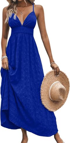 Milumia Women's Summer Smocked Cami Maxi Dress Boho V Neck Spaghetti Strap A Line Flowy Beach Long Sundress in Saudi Arabia