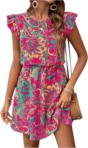 Women's Paisley Floral Ruffle Cap Sleeve Boho Dress Crew Neck Tie Back Vacation Summer Dresses in Saudi Arabia