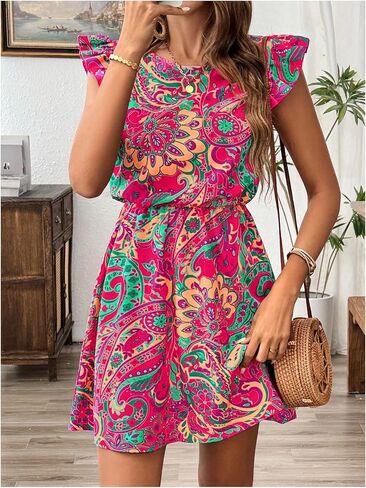 Women's Paisley Floral Ruffle Cap Sleeve Boho Dress Crew Neck Tie Back Vacation Summer Dresses in Saudi Arabia