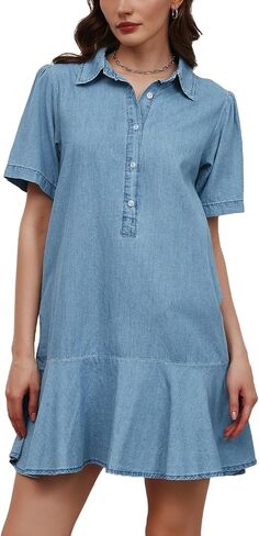 Women's Button Down Denim Dresses Short Sleeve Ruffle Tunic Mini Dress Flowy Tiered Short Jean Dresses with Pockets in Saudi Arabia