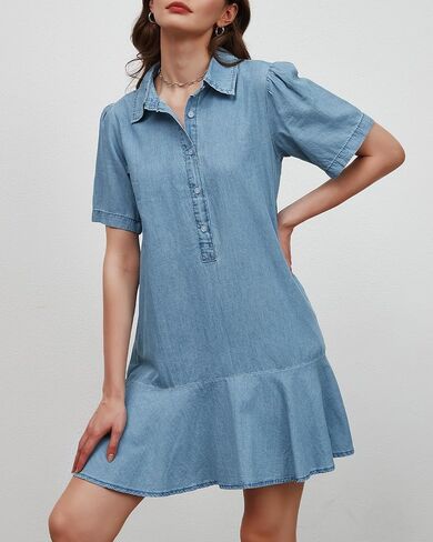 Women's Button Down Denim Dresses Short Sleeve Ruffle Tunic Mini Dress Flowy Tiered Short Jean Dresses with Pockets in Saudi Arabia
