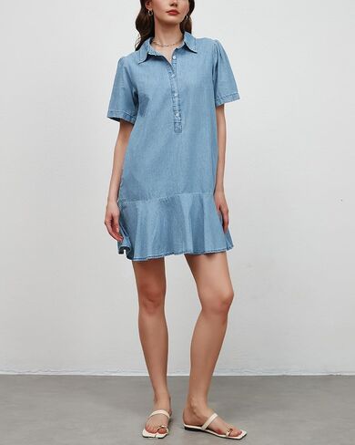 Women's Button Down Denim Dresses Short Sleeve Ruffle Tunic Mini Dress Flowy Tiered Short Jean Dresses with Pockets in Saudi Arabia