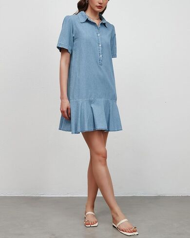 Women's Button Down Denim Dresses Short Sleeve Ruffle Tunic Mini Dress Flowy Tiered Short Jean Dresses with Pockets in Saudi Arabia