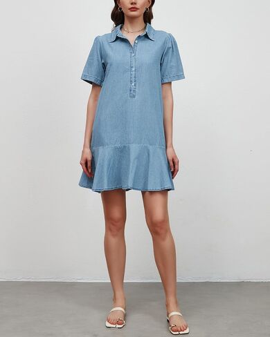 Women's Button Down Denim Dresses Short Sleeve Ruffle Tunic Mini Dress Flowy Tiered Short Jean Dresses with Pockets in Saudi Arabia