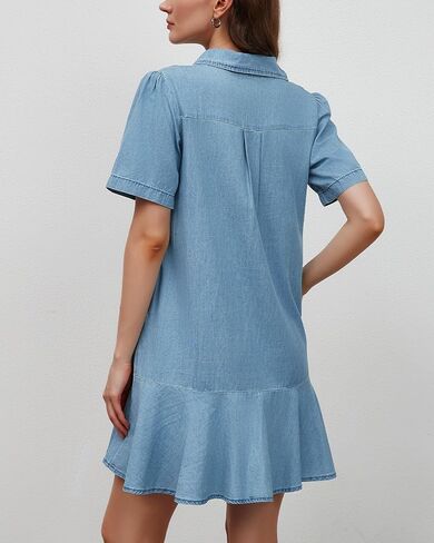 Women's Button Down Denim Dresses Short Sleeve Ruffle Tunic Mini Dress Flowy Tiered Short Jean Dresses with Pockets in Saudi Arabia