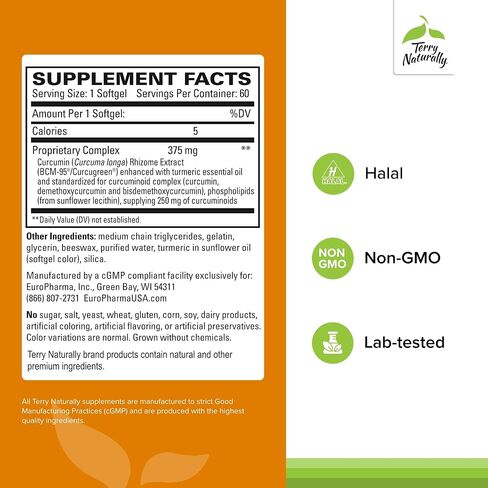 Terry Naturally CuraMed 375mg - Antioxidant Supplement for Brain & Immune Health Support - Dietary Supplement with Curcumin & Turmeric Essential Oil - Herbal Liver Support - 90 Softgels in Saudi Arabia