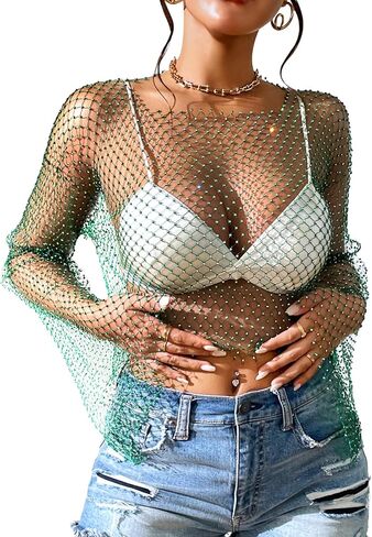 RAMOUG Women's Rhinestone Mesh Crop Top Fishnet Shirt Bikini Cover Up in Saudi Arabia